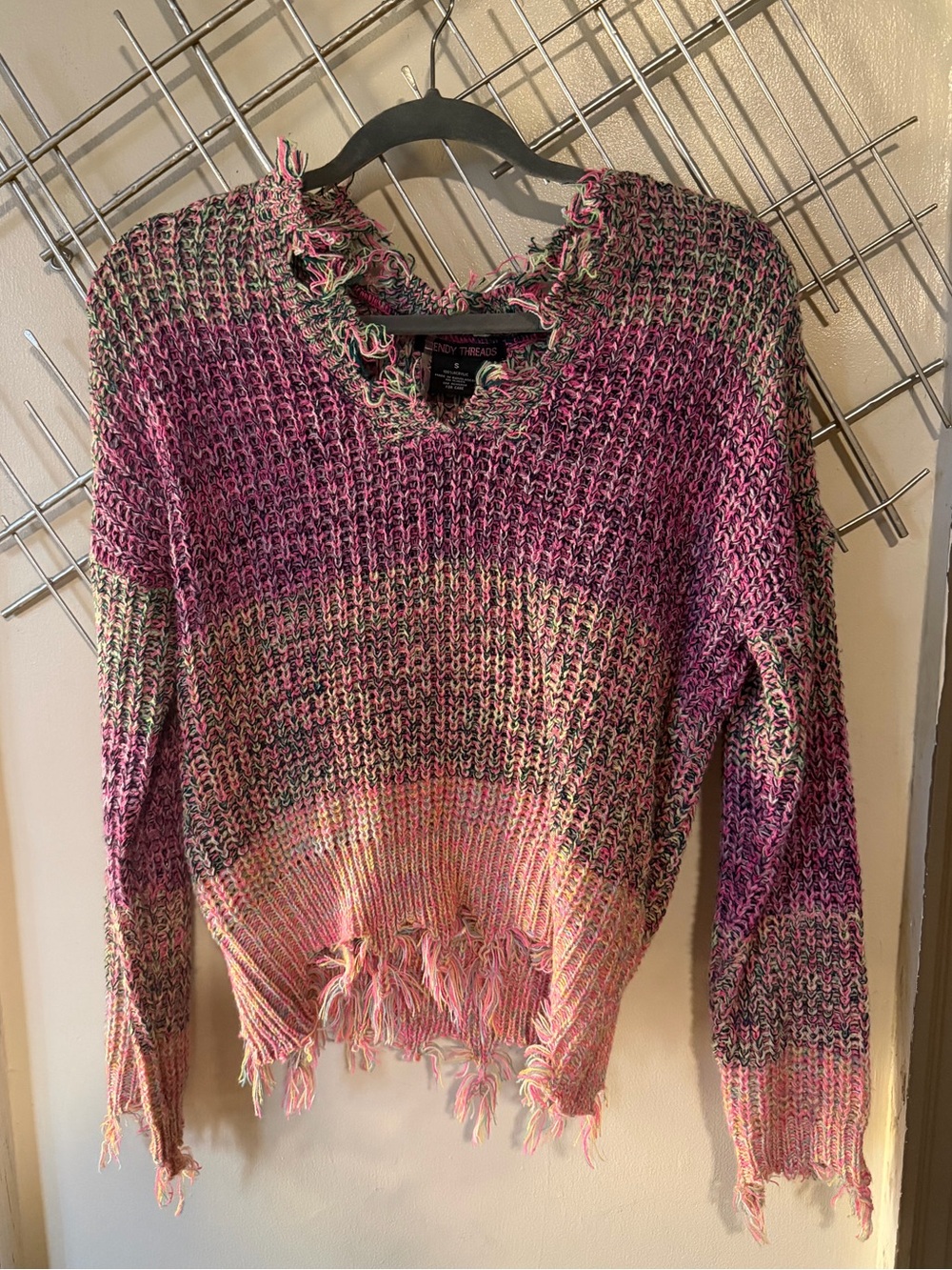 Cozy Frayed V-Neck Sweater in Pink Blend by Brandy Melville